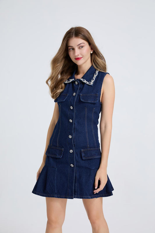 Taş Detaylı Denim Polo Mini Elbise