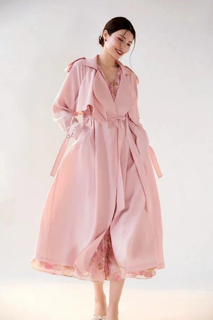 Pastel Pembe Incecik Dökümlü Trençkot