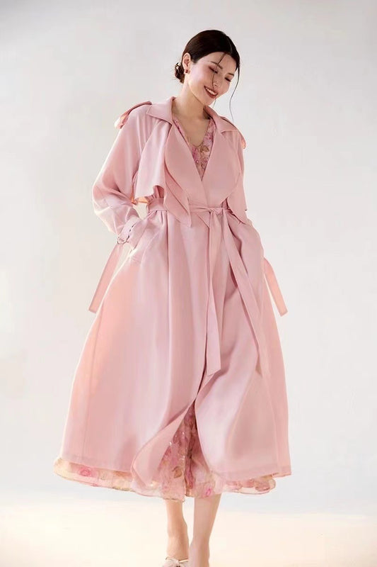 Pastel Pembe Incecik Dökümlü Trençkot