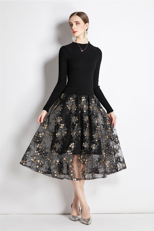 Siyah Zarafeti Triko Tül Elbise