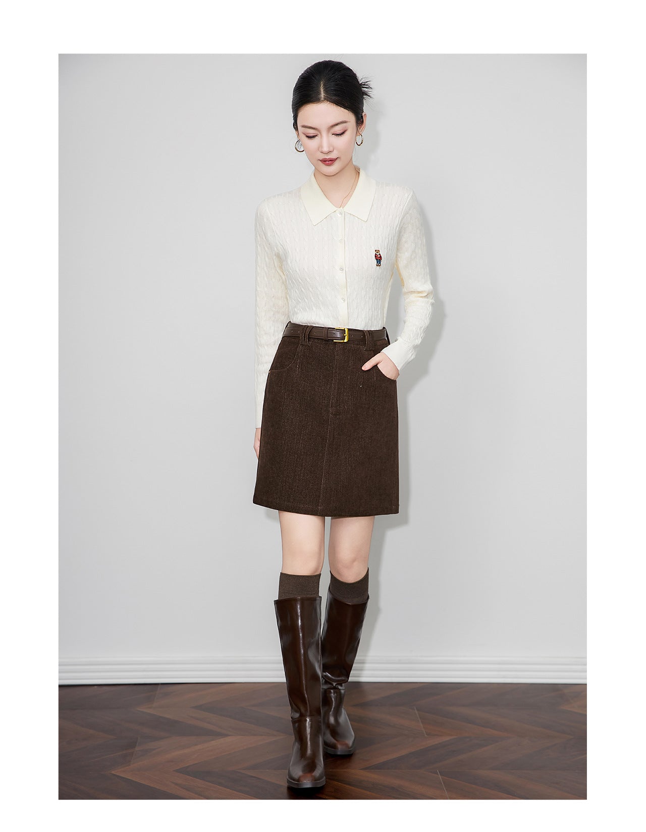 Retro Peluş Dokulu Yüksek Bel Kışlık Kısa Etek (Kemersiz)