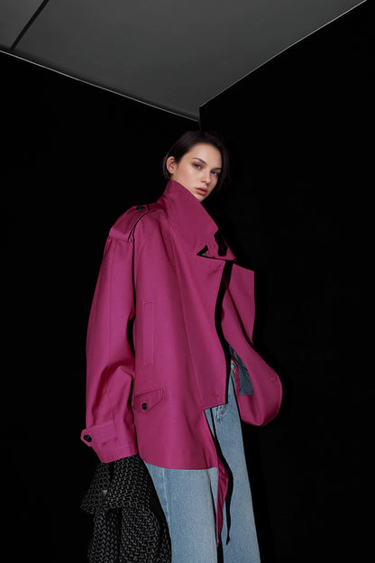 Retro İngiliz Tarzı Kısa Trençkot – Çift Düğmeli Oversize Tasarım