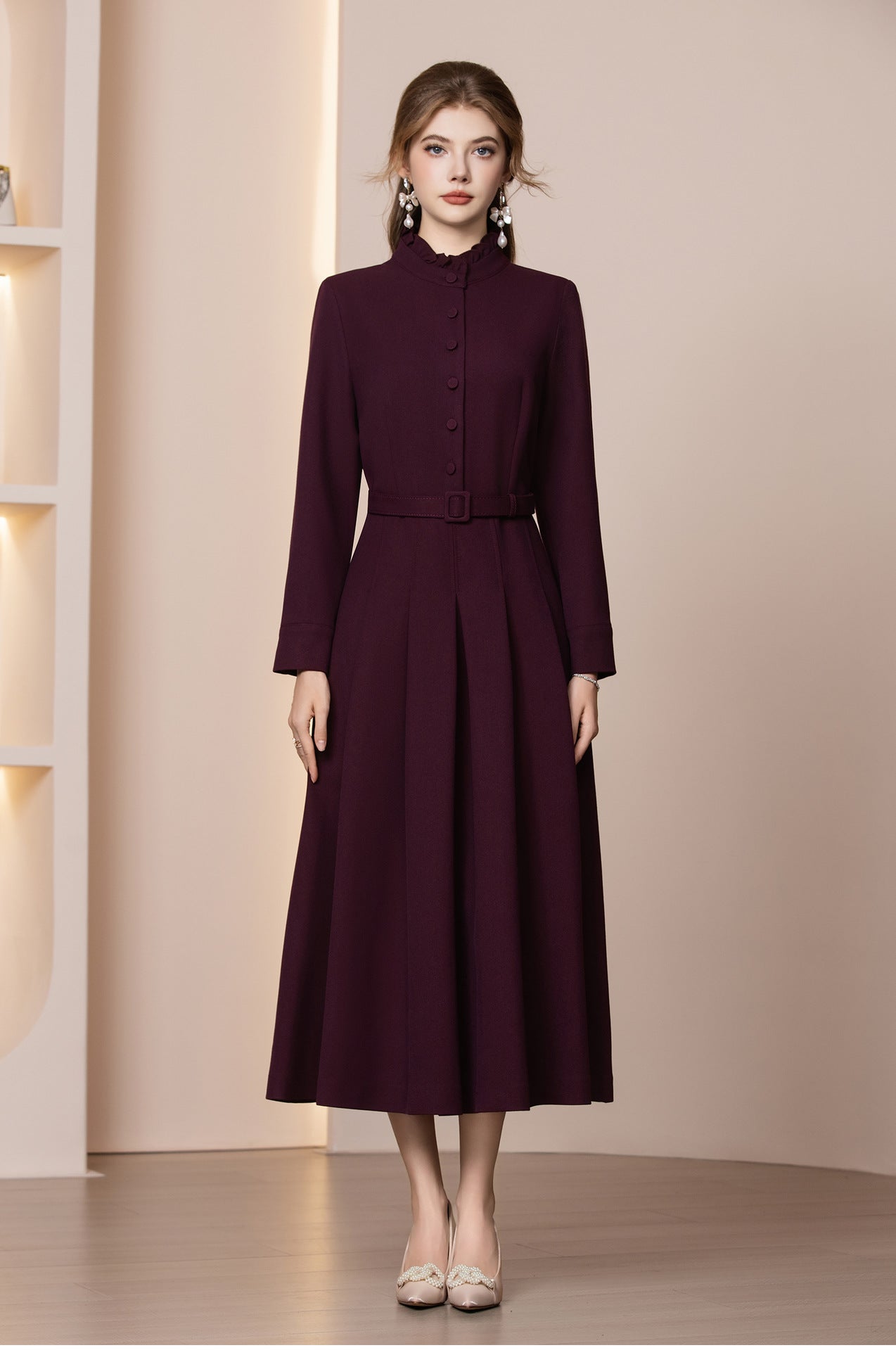 Veloura Kemerli Yün Karışımlı Uzun Kış Elbisesi