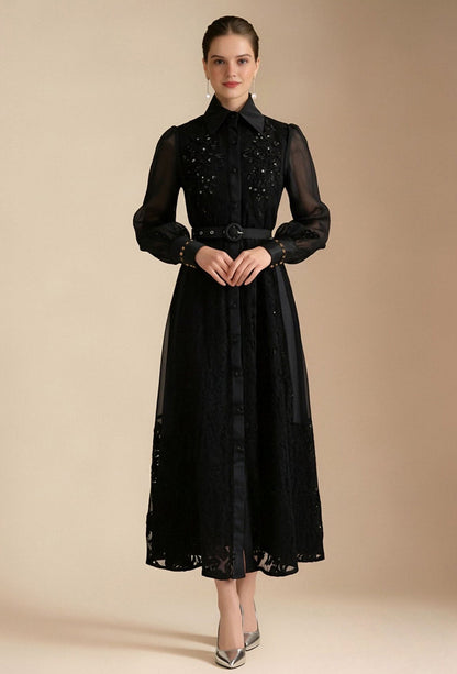 Dantel Yaka Fener Kol Midi Elbise