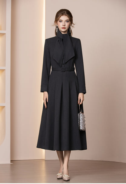 Veloura Kemerli Yün Karışımlı Uzun Kış Elbisesi