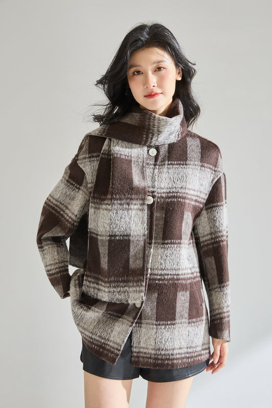 Çift Taraflı Yün Karışımlı Kısa Ekose Ceket