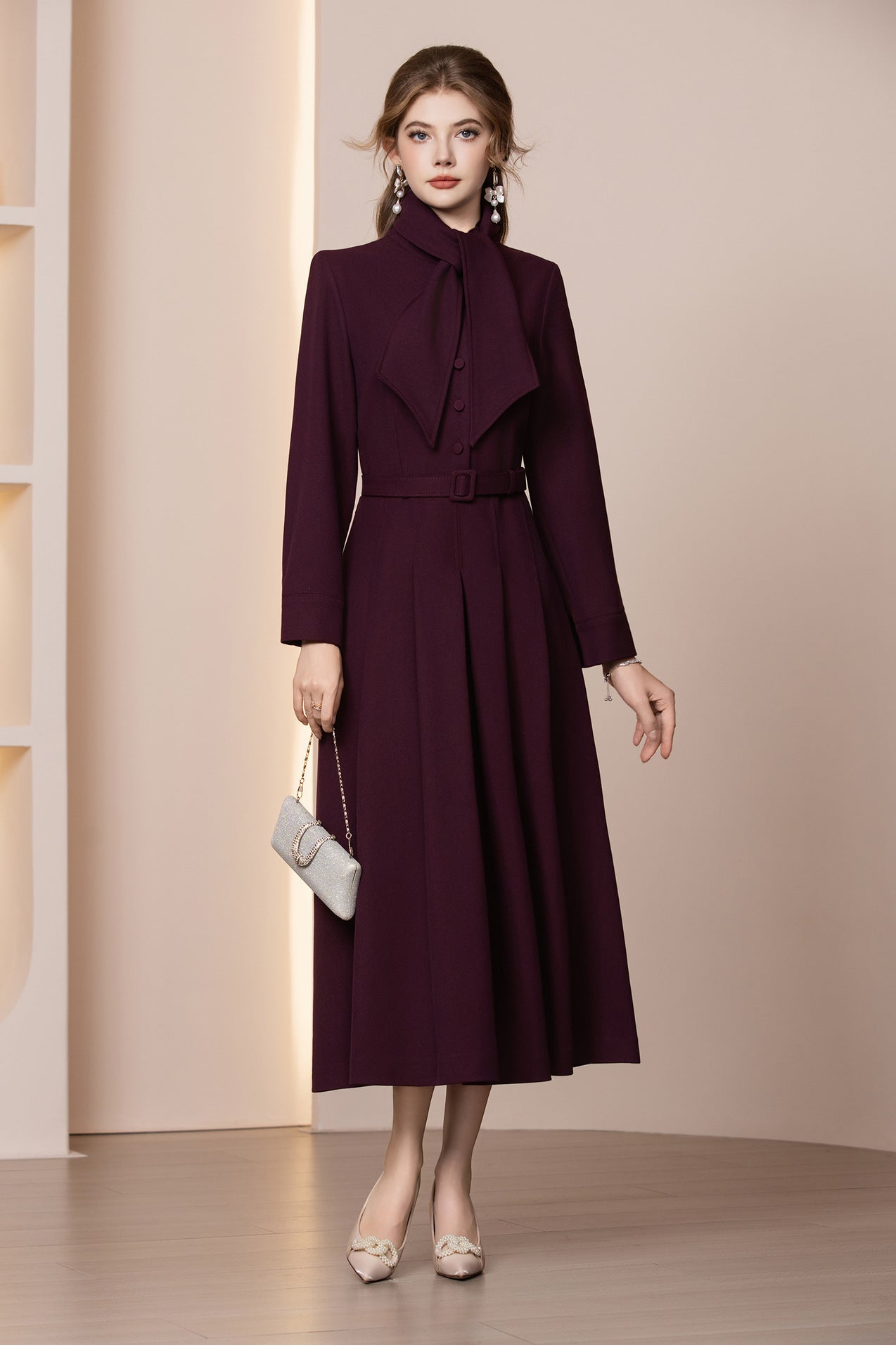 Veloura Kemerli Yün Karışımlı Uzun Kış Elbisesi