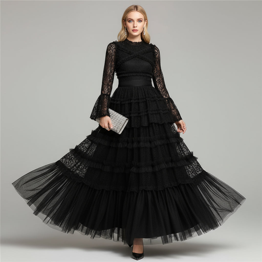 Penelope Dantel Detaylı Fırfırlı Maxi Elbise