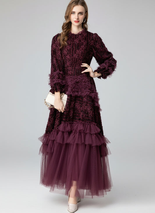 Mürdüm 3D Çiçek Detaylı Volanlı Elbise