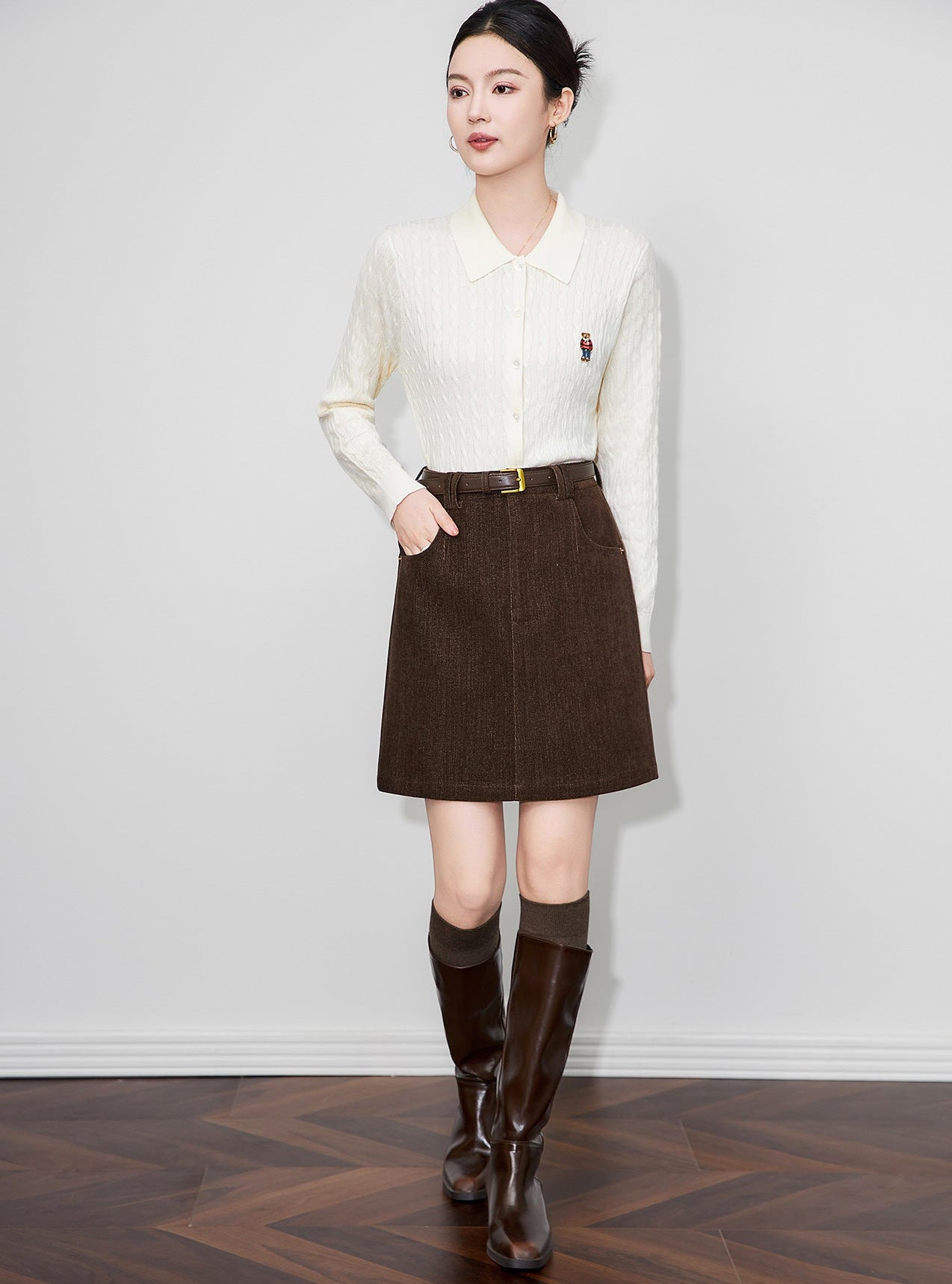 Retro Peluş Dokulu Yüksek Bel Kışlık Kısa Etek (Kemersiz)