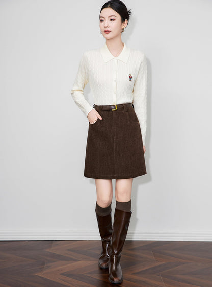 Retro Peluş Dokulu Yüksek Bel Kışlık Kısa Etek (Kemersiz)