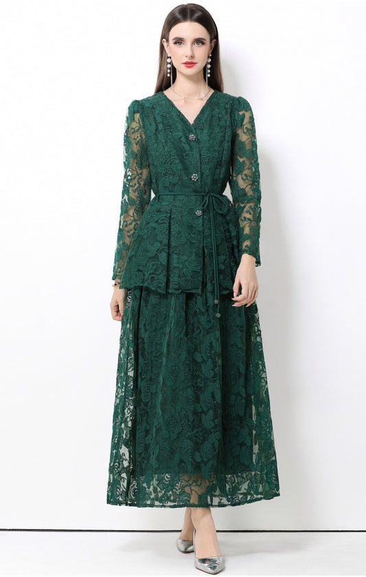 Fransız Stil Dantelli V-Yaka Uzun Kollu Üst & Etek İki Parça Takım