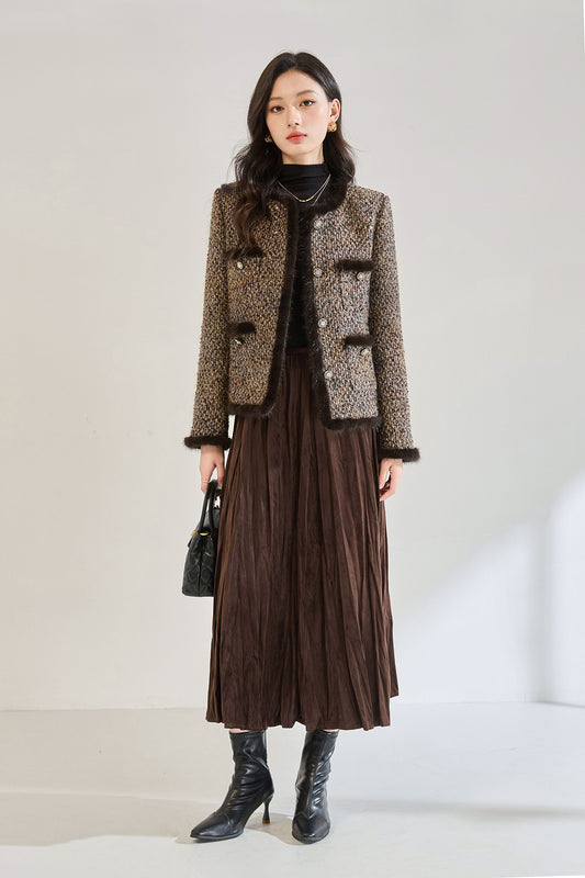 Lüks Tweed Ceket Formlu Beyaz Ördek Tüyü Dolgulu Kısa Mont