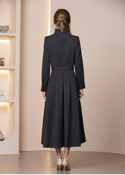 Veloura Kemerli Yün Karışımlı Uzun Kış Elbisesi
