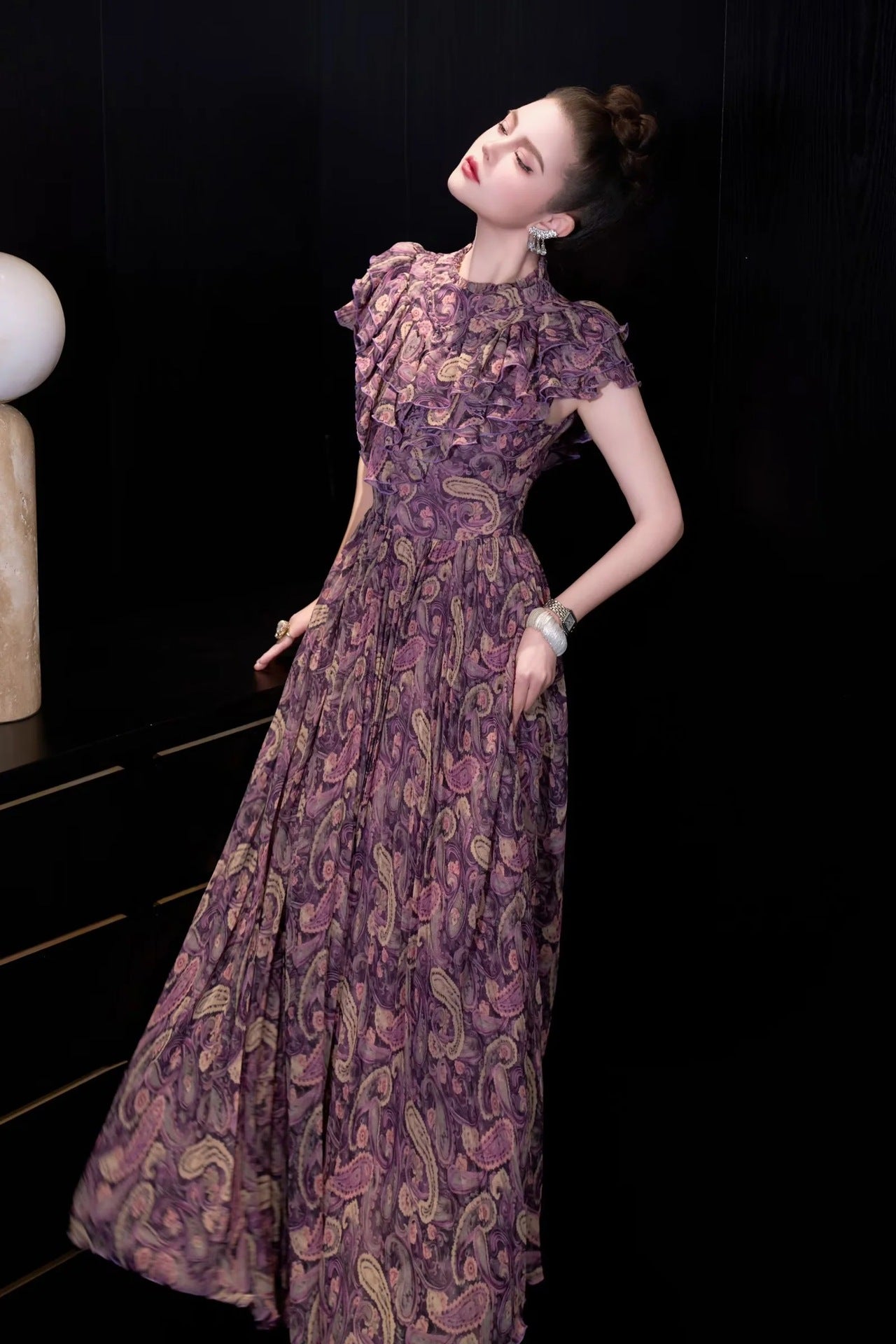 Vintage Rouge Desenli Uzun Elbise