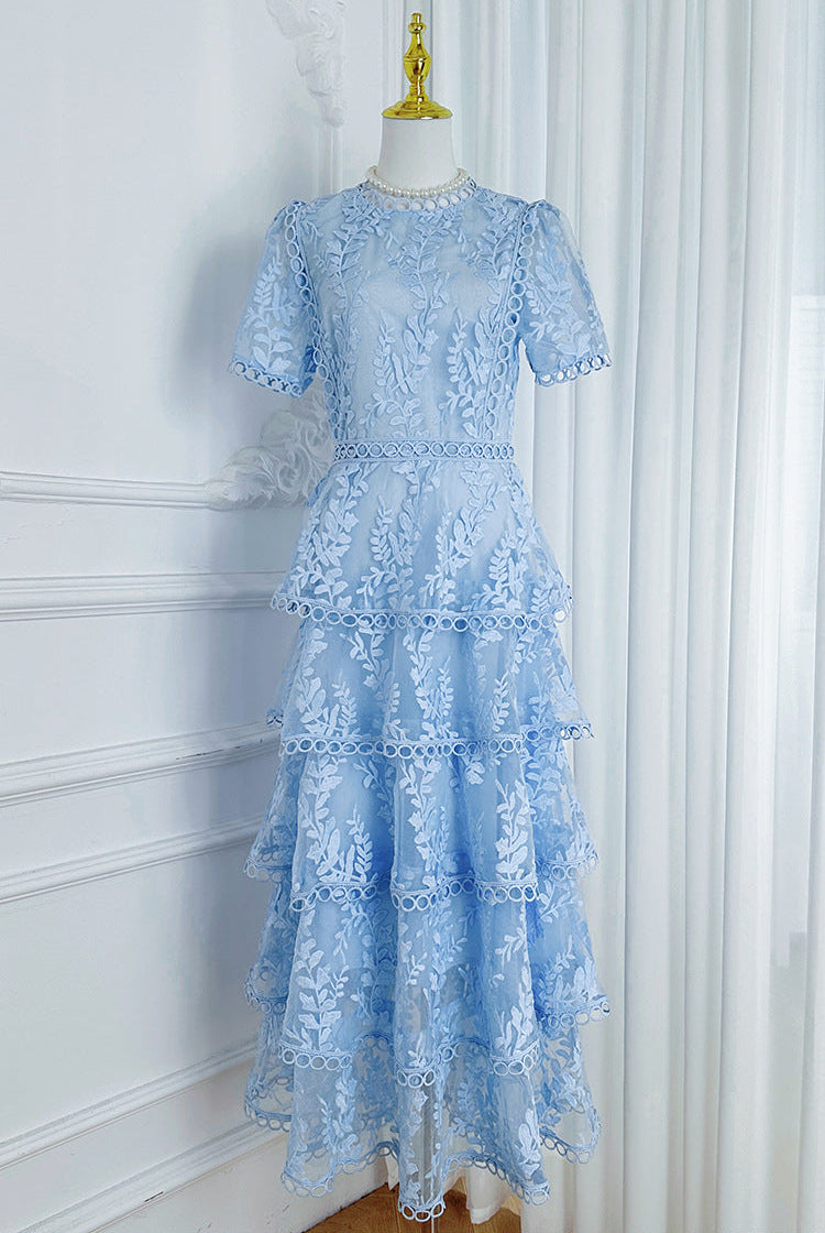 İşlemeli Kat Kat Fırfırlı Maxi Elbise