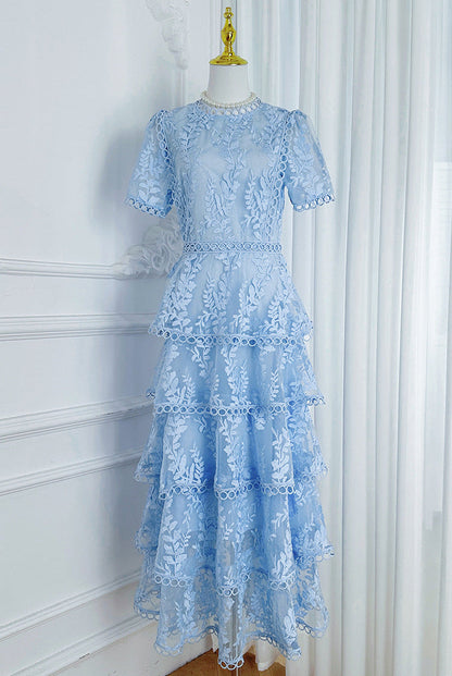 İşlemeli Kat Kat Fırfırlı Maxi Elbise