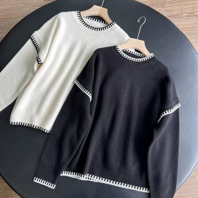 Siyah-Beyaz Renk Bloklu Yuvarlak Yaka Oversize Triko