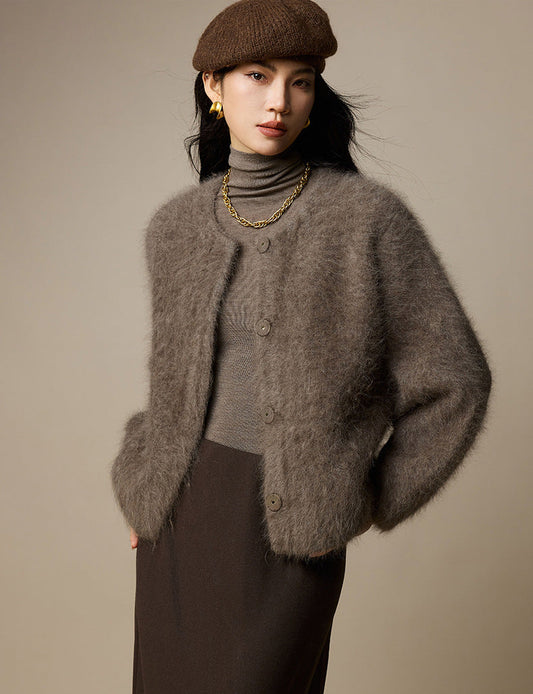 Lüks Yün Karışımlı Yuvarlak Yaka Kısa Ceket