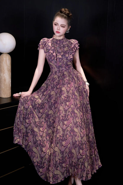 Vintage Rouge Desenli Uzun Elbise