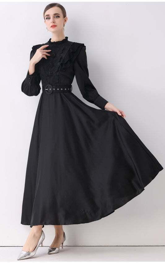 Dik Yaka Kuşaklı Siyah Uzun Elbise
