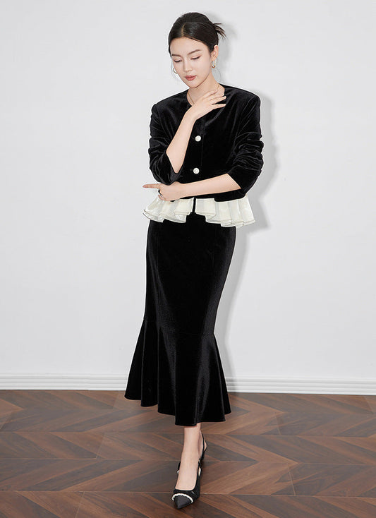 Şık Fransız Tarzı Kadife Ceket & Balık Etek İki Parça Takım