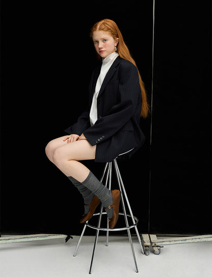 Lacivert Çizgili Oversize Blazer