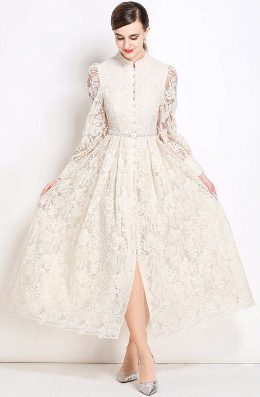 Dantel Nakışlı Belden Oturtmalı Uzun Elbise