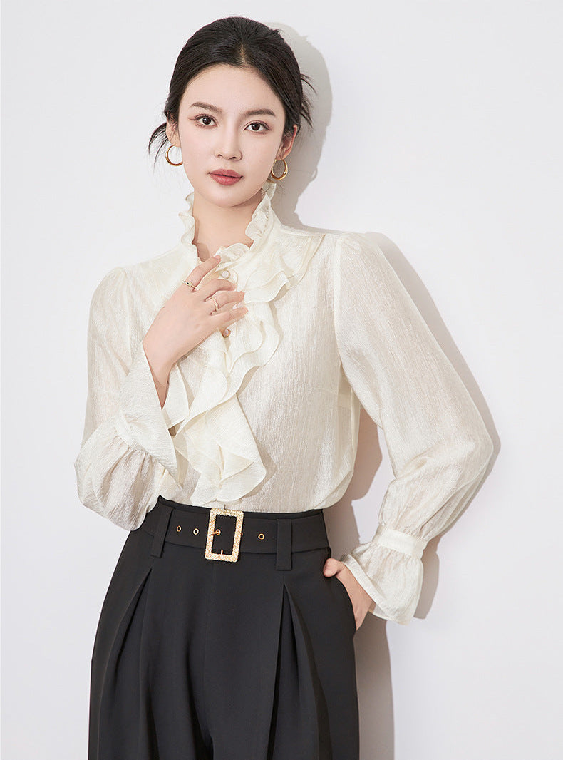 Fırfır Yaka Düğmeli Krem Gömlek