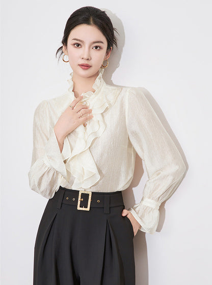 Fırfır Yaka Düğmeli Krem Gömlek