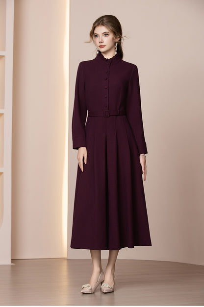 Veloura Kemerli Yün Karışımlı Uzun Kış Elbisesi