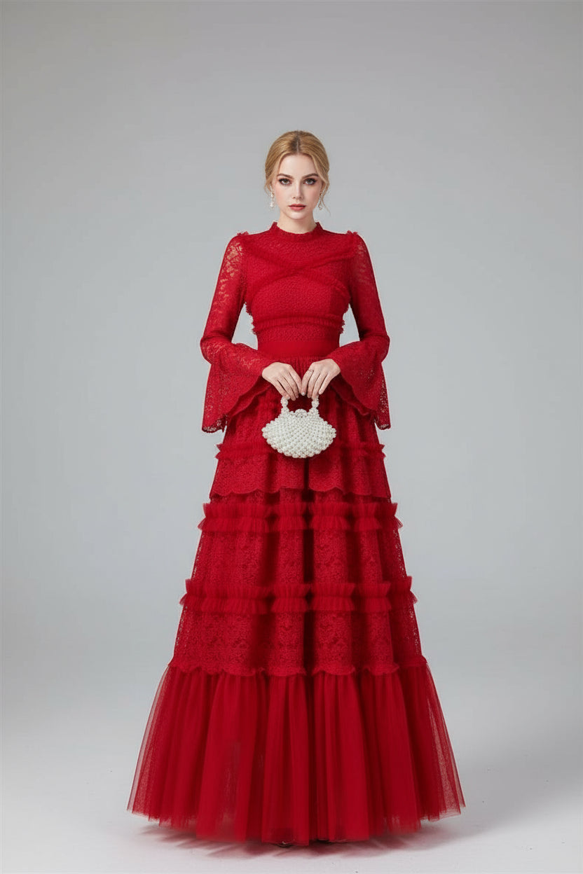 Penelope Dantel Detaylı Fırfırlı Maxi Elbise