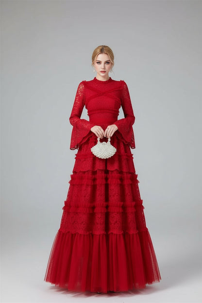 Penelope Dantel Detaylı Fırfırlı Maxi Elbise