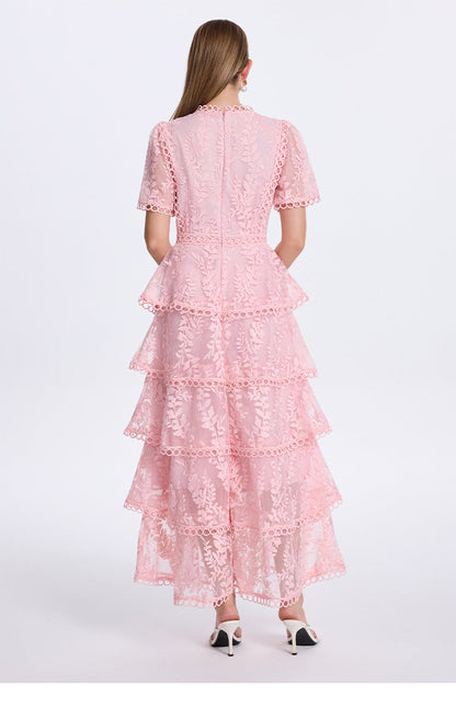 İşlemeli Kat Kat Fırfırlı Maxi Elbise