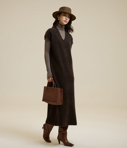 V Yaka Yün Karışımlı Oversize Yelek Elbise