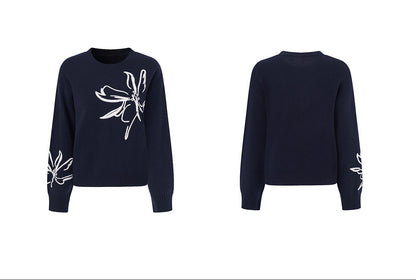 Zarif Kontrast Nakışlı %100 Merino Yün Triko Kazak