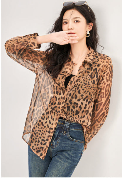Leopar Desenli İnce Tül Gömlek