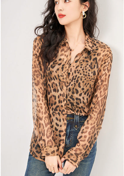 Leopar Desenli İnce Tül Gömlek
