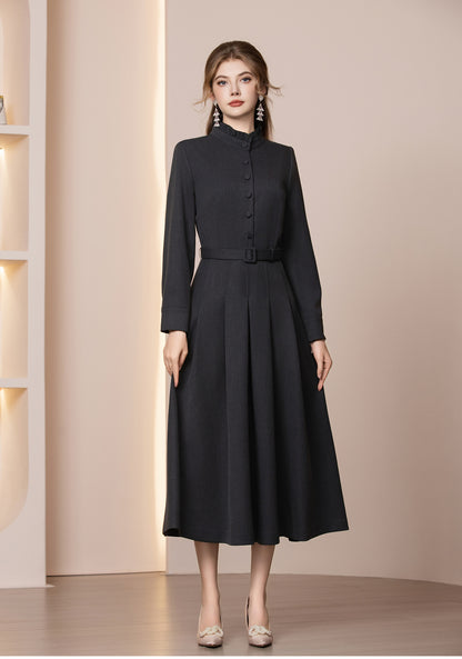 Veloura Kemerli Yün Karışımlı Uzun Kış Elbisesi