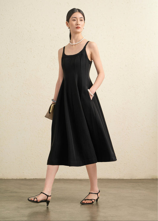 Noir Élise Kare Yaka Siyah Midi Elbise