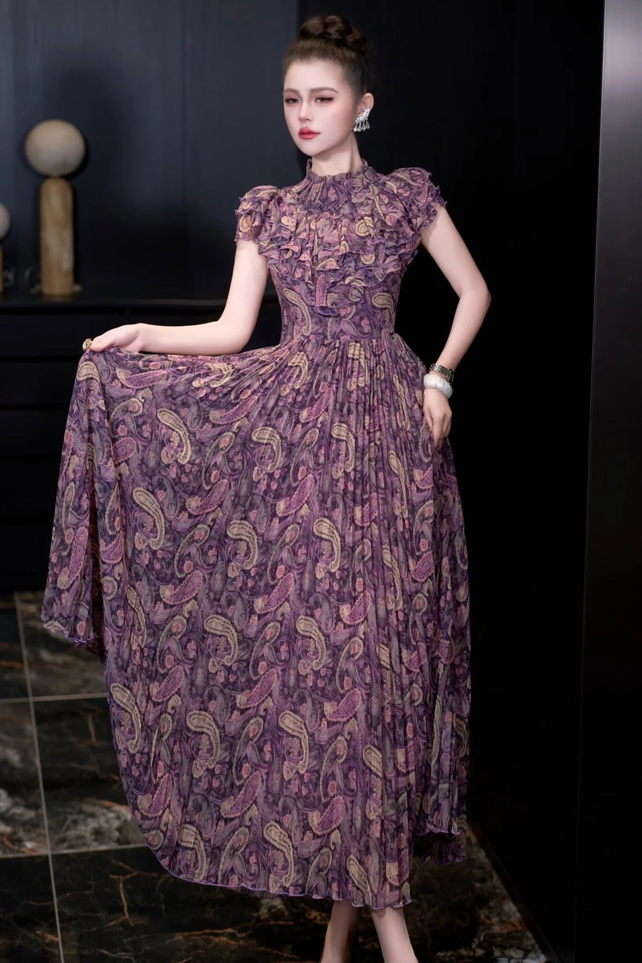 Vintage Rouge Desenli Uzun Elbise