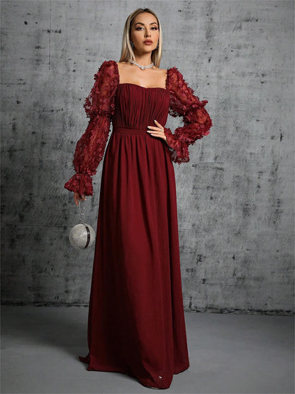 Asalet Sırt Dekolteli Kare Yaka Uzun Elbise