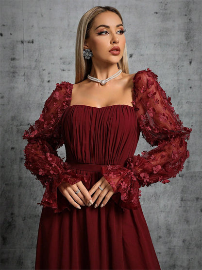 Asalet Sırt Dekolteli Kare Yaka Uzun Elbise