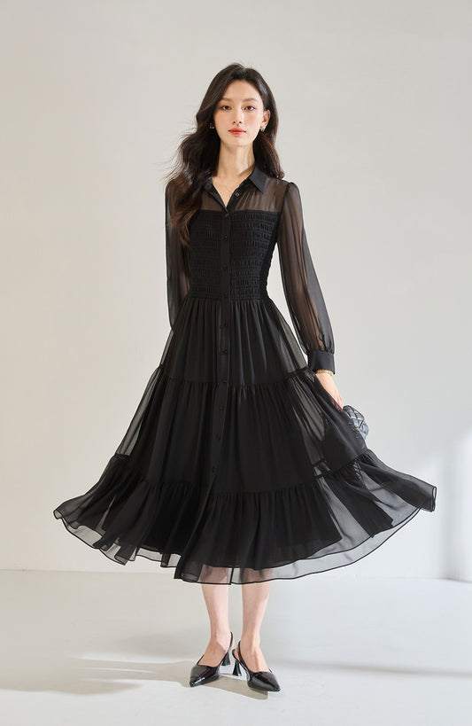 Elegan Siyah Şifon Büzgülü Uzun Elbise