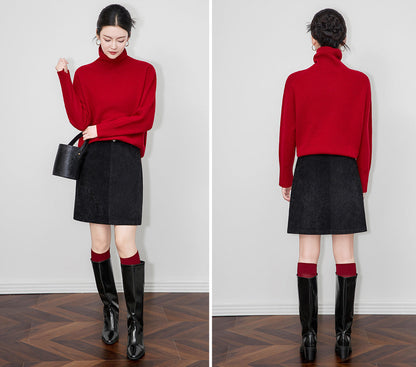 Retro Peluş Dokulu Yüksek Bel Kışlık Kısa Etek (Kemersiz)