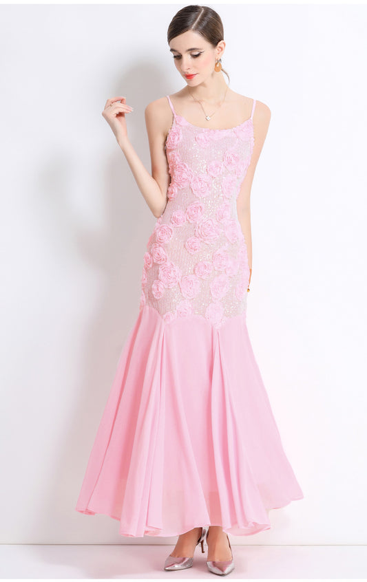 Fransız Stil 3D Çiçek Desenli Askılı Yüksek Bel Balık Form Uzun Elbise