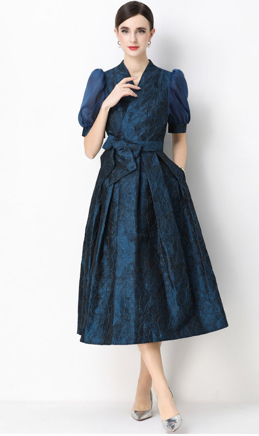 Jakarlı Balon Kol Uzun Elbise