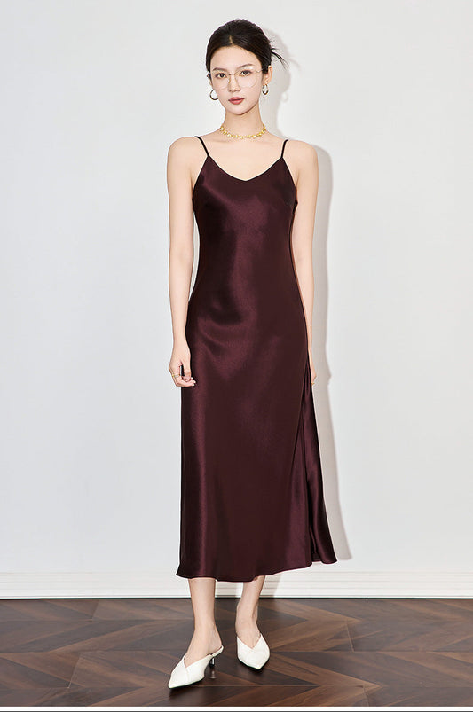 Saten Dokulu Askılı Asetat Elbise