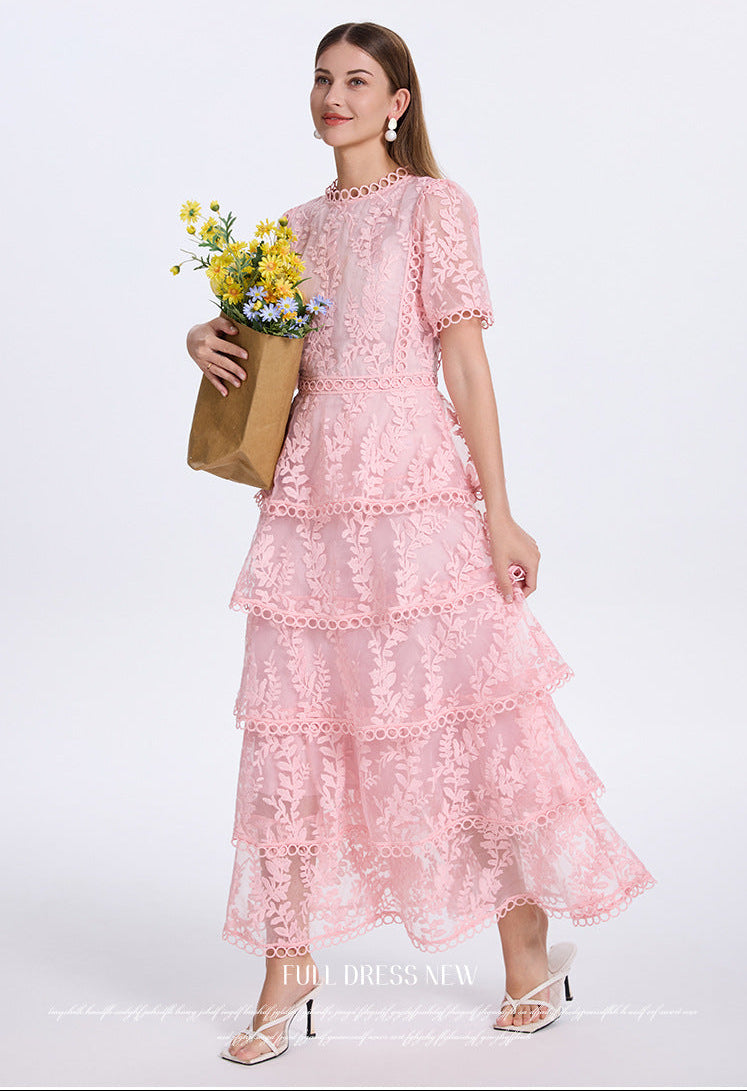 İşlemeli Kat Kat Fırfırlı Maxi Elbise