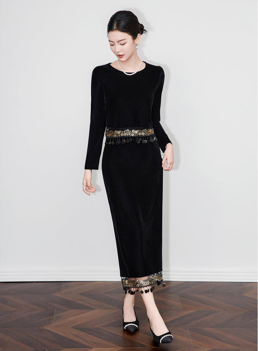 Kadife Püskül Detaylı İki Parça Etek Bluz Takımı